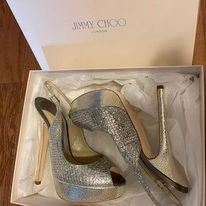 Jimmy Choo Metallic Gold Glitter Peep Toe Slingback Sandals Size 37